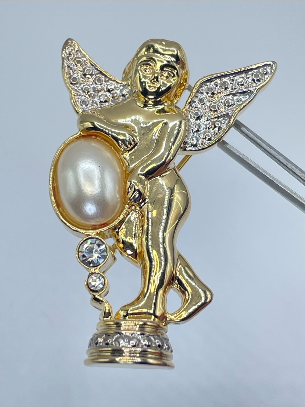 Gold Tone Angel Brooch Faux Pearl Crystal Cherub Pin New